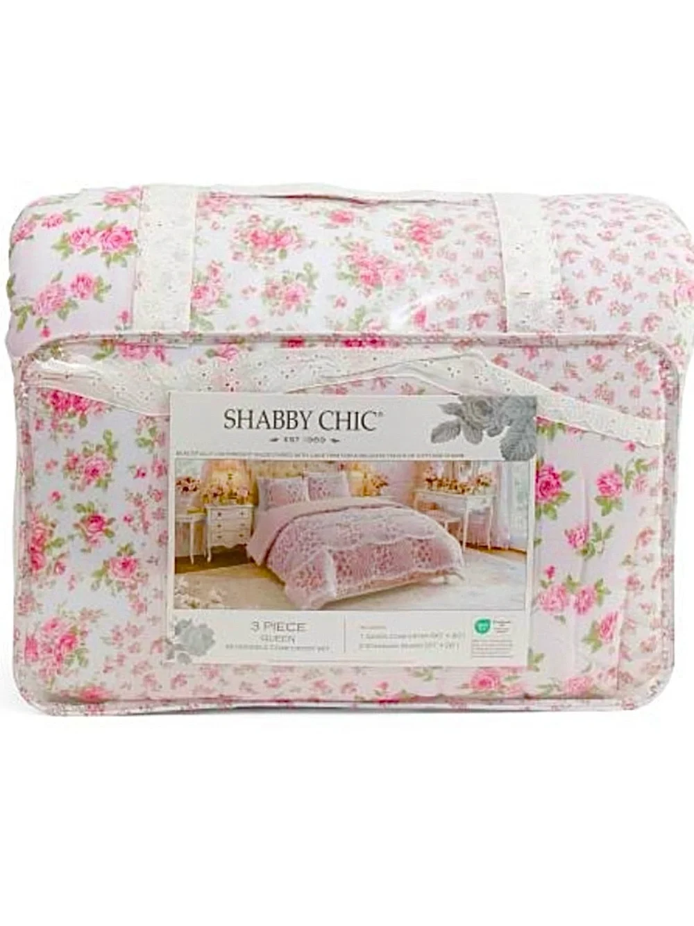 🆕- Shabby Chic 3 Piece Reversible Comforter Set - Pink White Floral, Queen Size
